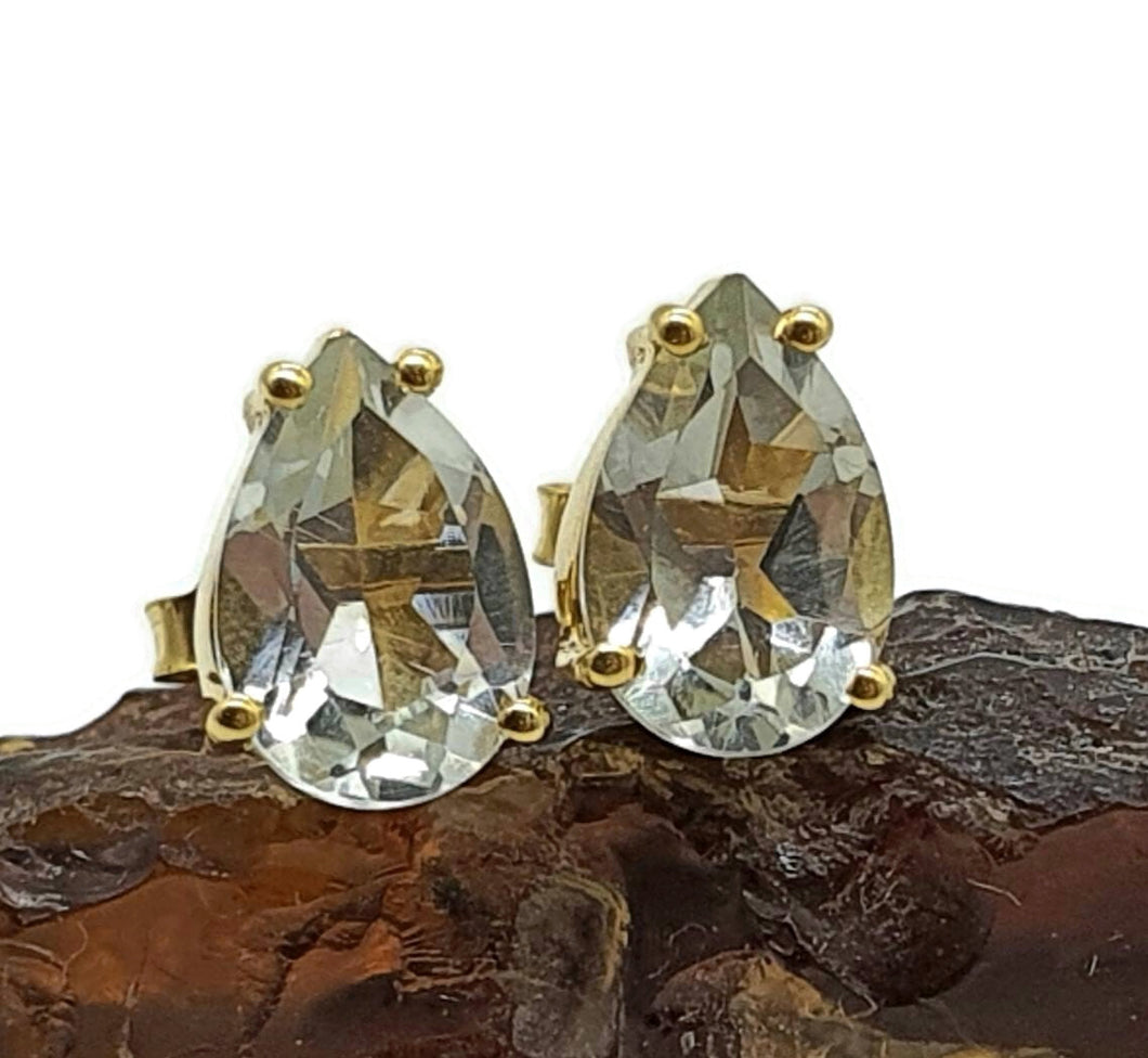 Citrine or Prasiolite Studs, Pear Shaped, Sterling Silver, 18K Gold Electroplated - GemzAustralia 