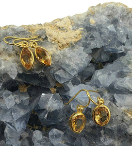 Citrine Earrings, Marquise or oval Shaped, Sterling Silver, 18K Gold Electroplated - GemzAustralia 