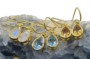 Rainbow Moonstone, Blue Topaz or Citrine Earrings, Sterling Silver, 18K gold plated - GemzAustralia 