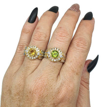Load image into Gallery viewer, Peridot Ring, 4 sizes, Sterling Silver, Two Tone, Gold &amp; Silver, Halo Ring - GemzAustralia 