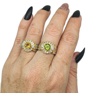 Peridot Ring, 4 sizes, Sterling Silver, Two Tone, Gold & Silver, Halo Ring - GemzAustralia 