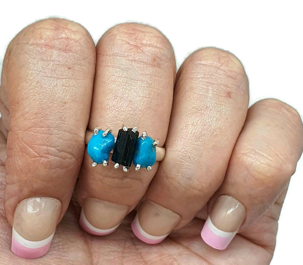 Rough Blue Turquoise & Black Tourmaline Ring, Size 8, Sterling Silver - GemzAustralia 