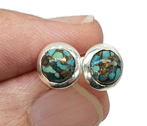 Turquoise Studs, Sterling Silver, Round Shaped, Blue Turquoise Earrings - GemzAustralia 