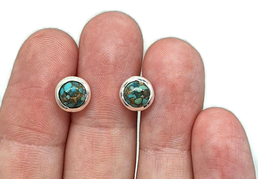 Turquoise Studs, Sterling Silver, Round Shaped, Blue Turquoise Earrings - GemzAustralia 