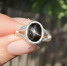 Load image into Gallery viewer, Black Star Sapphire Ring, Size 7, Sterling Silver, Oval Shaped, September Birthstone - GemzAustralia 