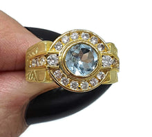 Load image into Gallery viewer, Blue Topaz Ring, size 6.75, Sterling Silver, 14 Gold Electroplated, Halo Ring - GemzAustralia 
