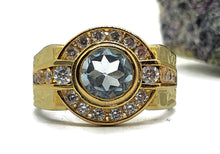 Load image into Gallery viewer, Blue Topaz Ring, size 6.75, Sterling Silver, 14 Gold Electroplated, Halo Ring - GemzAustralia 