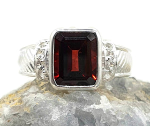 Garnet Ring, 2 sizes, Sterling Silver, Emerald Faceted, Protection Talisman, January Birthstone - GemzAustralia 