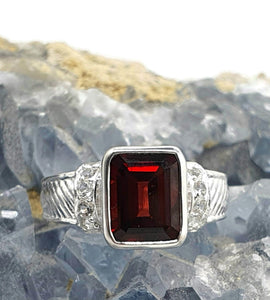 Garnet Ring, 2 sizes, Sterling Silver, Emerald Faceted, Protection Talisman, January Birthstone - GemzAustralia 