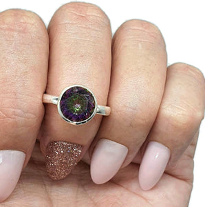 Round Mystic Topaz Ring, 3 Sizes, Sterling Silver, 4 carats, Purple Green Gem - GemzAustralia 