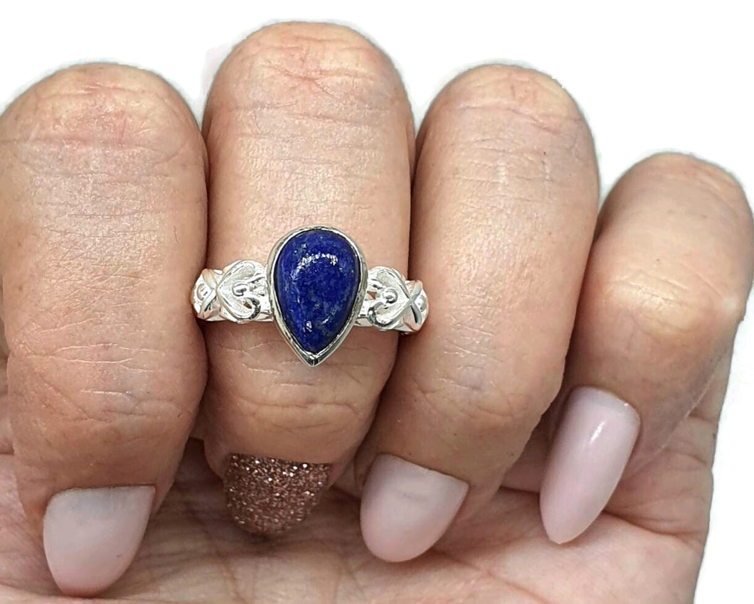 Lapis Lazuli Ring, 3 Sizes, Sterling Silver, Pear Shaped, Heart Design, Zodiac Stone - GemzAustralia 