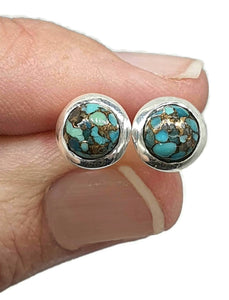 Turquoise Studs, Sterling Silver, Round Shaped, Blue Turquoise Earrings - GemzAustralia 