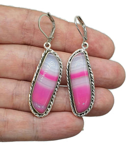 Pink & White Agate Earrings, Sterling Silver, Banded Chalcedony - GemzAustralia 