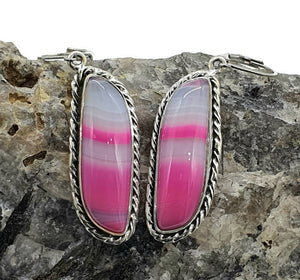 Pink & White Agate Earrings, Sterling Silver, Banded Chalcedony - GemzAustralia 
