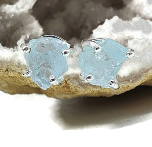 Raw Aquamarine Studs, Sterling Silver, March Birthstone, Courage & Communication - GemzAustralia 