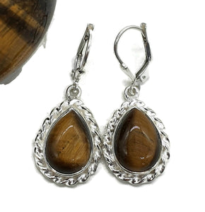 Tiger's Eye Earrings, Pear Shaped, Sterling Silver, Courage & Strength Symbol - GemzAustralia 