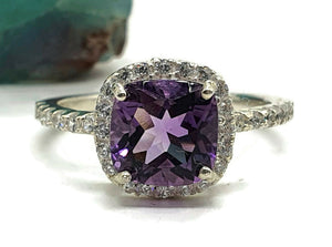 Amethyst Halo Ring, Size 8, Sterling Silver, Engagement Ring, February Birthstone - GemzAustralia 
