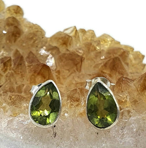 Peridot Stud Earrings, Sterling Silver, Pear Shaped, August Birthstone - GemzAustralia 