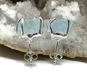 Raw Aquamarine Studs, Sterling Silver, March Birthstone, Courage & Communication - GemzAustralia 