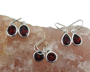 Garnet Earrings, Sterling Silver, January Birthstone, Pear, Round or Oval Shape - GemzAustralia 