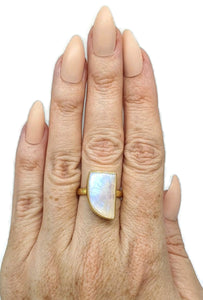 Rainbow Moonstone Ring, Size 9, Sterling Silver, 14k gold plated - GemzAustralia 