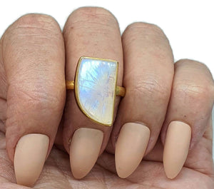 Rainbow Moonstone Ring, Size 9, Sterling Silver, 14k gold plated - GemzAustralia 