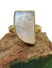 Load image into Gallery viewer, Rainbow Moonstone Ring, Size 9, Sterling Silver, 14k gold plated - GemzAustralia 