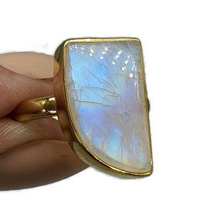 Rainbow Moonstone Ring, Size 9, Sterling Silver, 14k gold plated - GemzAustralia 