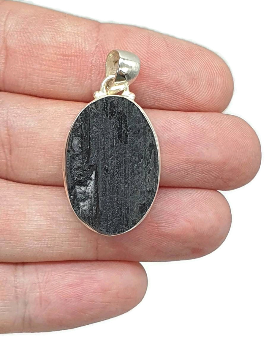 Black Tourmaline Pendant, Sterling Silver, Rough Gemstone, October Birthstone - GemzAustralia 