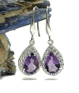 Amethyst Halo Earrings, Sterling Silver, Pear Shaped - GemzAustralia 