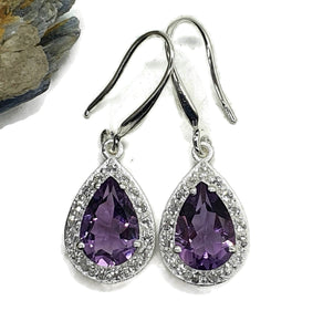 Amethyst Halo Earrings, Sterling Silver, Pear Shaped - GemzAustralia 