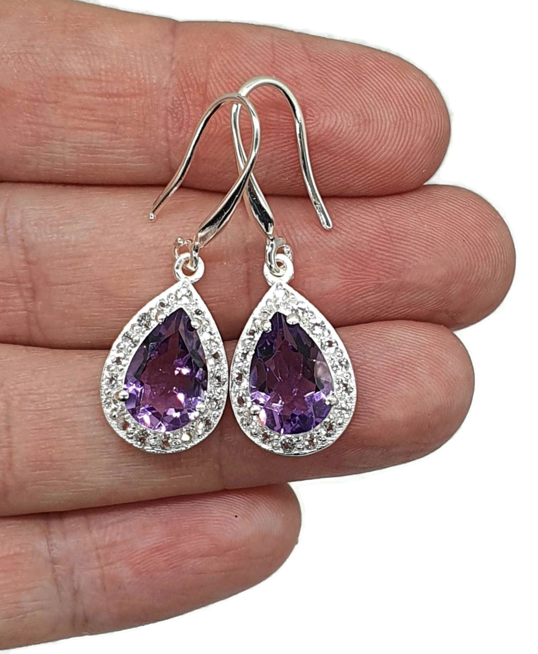 Amethyst Halo Earrings, Sterling Silver, Pear Shaped - GemzAustralia 