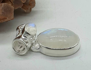 Rainbow Moonstone Pendant, Sterling Silver, Oval Shape - GemzAustralia 