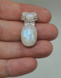 Rainbow Moonstone Pendant, Sterling Silver, Oval Shape - GemzAustralia 