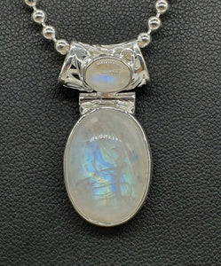 Rainbow Moonstone Pendant, Sterling Silver, Oval Shape - GemzAustralia 