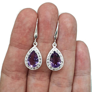 Amethyst Halo Earrings, Sterling Silver, Pear Shaped - GemzAustralia 