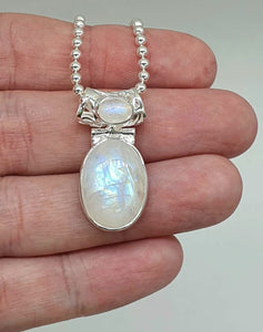 Rainbow Moonstone Pendant, Sterling Silver, Oval Shape - GemzAustralia 