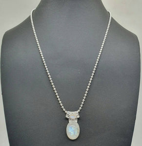 Rainbow Moonstone Pendant, Sterling Silver, Oval Shape - GemzAustralia 