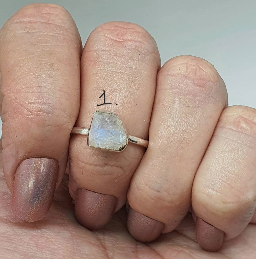 Raw Rainbow Moonstone Ring, 2 Sizes, Sterling Silver - GemzAustralia 