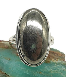 Pyrite Ring, Size 7.5, Sterling Silver, Oval Shaped, Metallic Lustre - GemzAustralia 