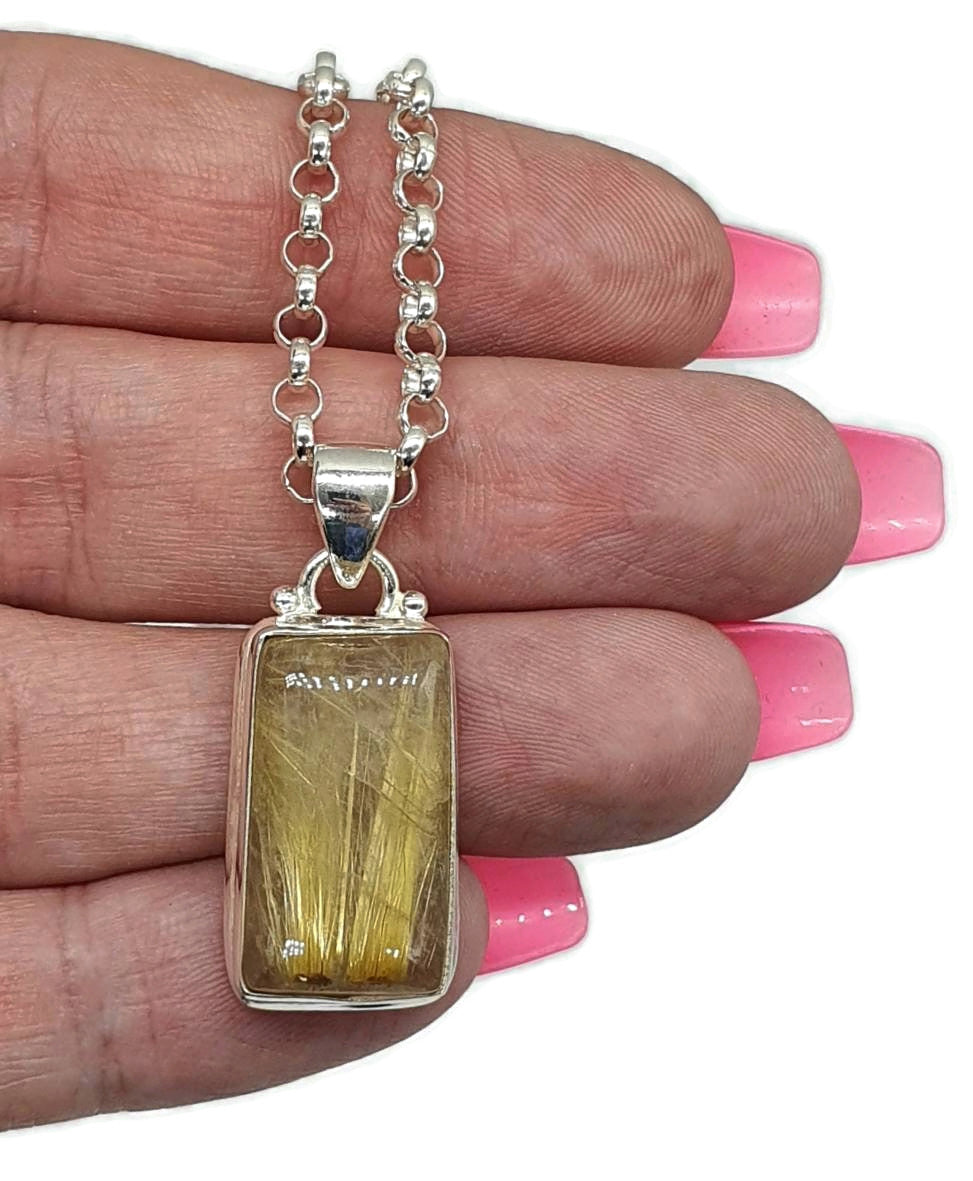 Golden Rutilated Quartz Pendant, Sterling Silver, Rectangle Shaped - GemzAustralia 