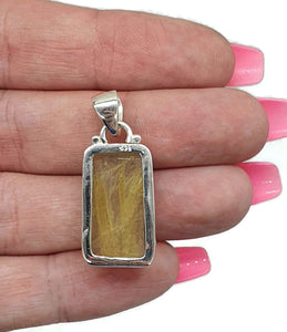 Golden Rutilated Quartz Pendant, Sterling Silver, Rectangle Shaped - GemzAustralia 