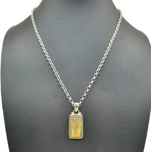 Golden Rutilated Quartz Pendant, Sterling Silver, Rectangle Shaped - GemzAustralia 