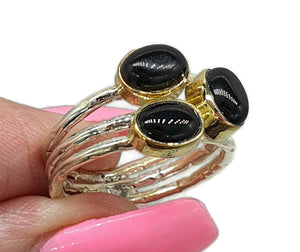 Two tone Black Onyx Ring, Size 8.25, Sterling Silver, 18K Gold Plated - GemzAustralia 