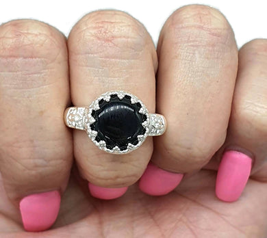 Black Onyx Crown Ring, Size 8, Sterling Silver, Heart Design - GemzAustralia 