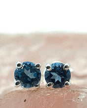 Load image into Gallery viewer, Round Brilliant cut, London Blue Topaz Studs, Sterling Silver - GemzAustralia 