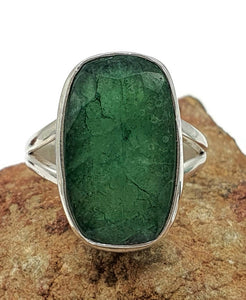 Emerald Ring, Size 8.75, Sterling Silver, Rectangle Shaped - GemzAustralia 