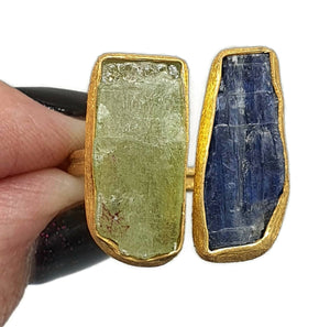 Rough Kyanite and Peridot Ring, Size 9, 14K gold plated, Sterling Silver - GemzAustralia 