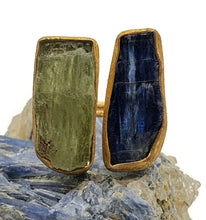 Load image into Gallery viewer, Rough Kyanite and Peridot Ring, Size 9, 14K gold plated, Sterling Silver - GemzAustralia 