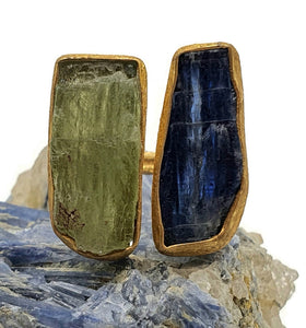 Rough Kyanite and Peridot Ring, Size 9, 14K gold plated, Sterling Silver - GemzAustralia 